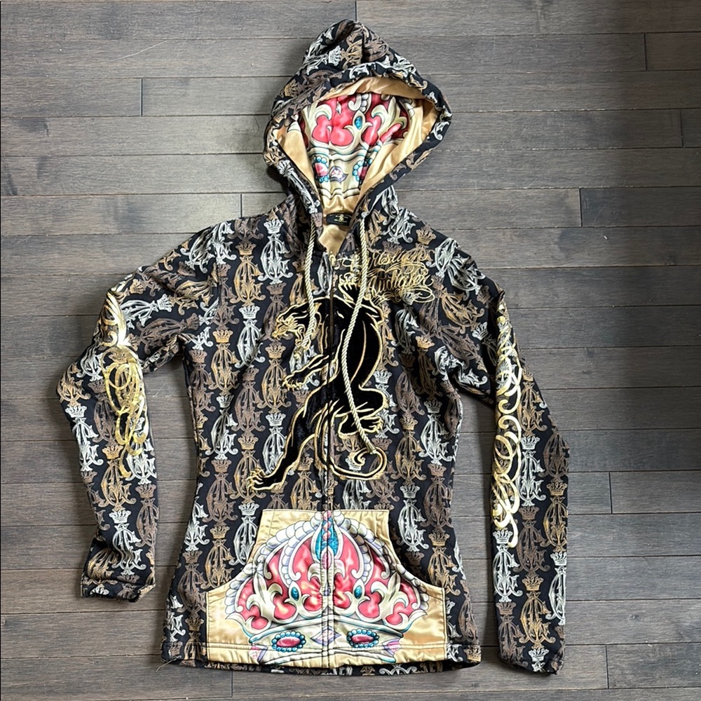 FOR AO -Women’s XS Black/Gold with Panther Christian Audigier (Ed Hardy) Zip Up